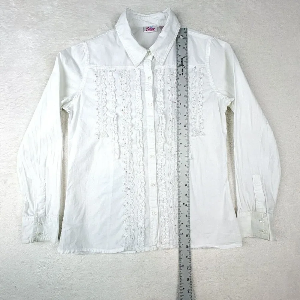 VTG Y2K Justice Button Up Shirt Girls 10 White Long Sleeve Lace Ruffle Coquette